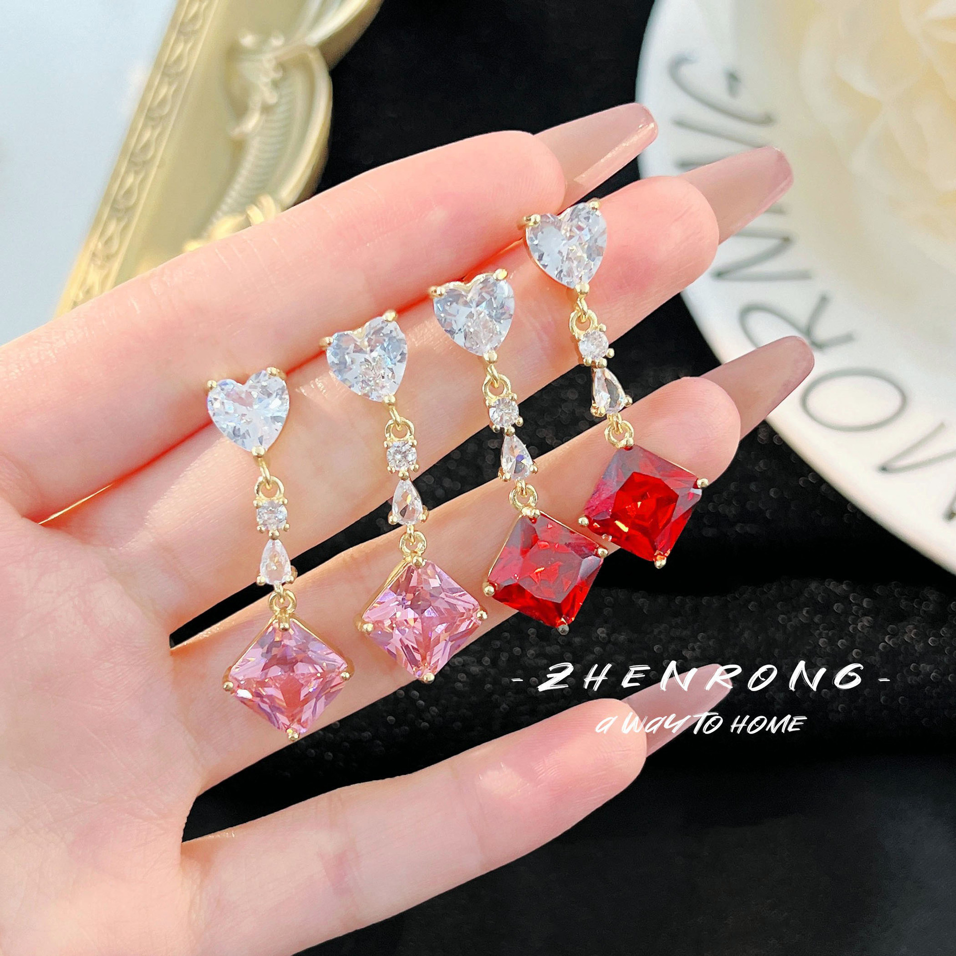 Fashionable sophisticated long geometric square pink-purple earrings…