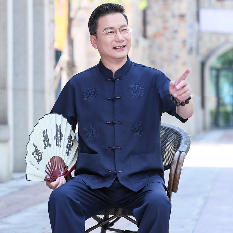 跨境新款爸爸夏季丝中老年短袖唐装男中国风爷爷老人休闲套装