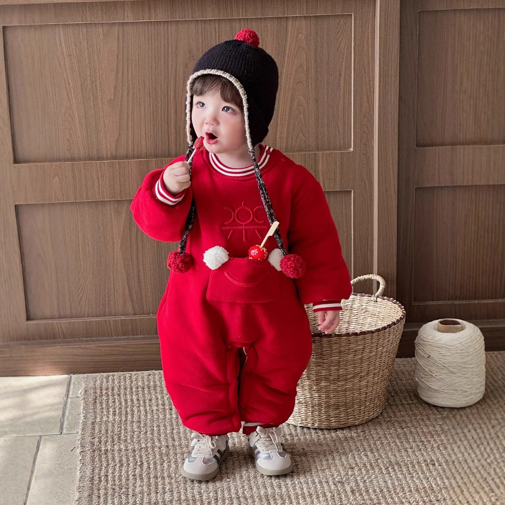 2025 ropa de algodón de estilo chino para bebés y niños pequeños, año nuevo rojo festivo, bolsillo de sobre rojo, ropa de Año Nuevo, ropa acolchada de algodón de una pieza