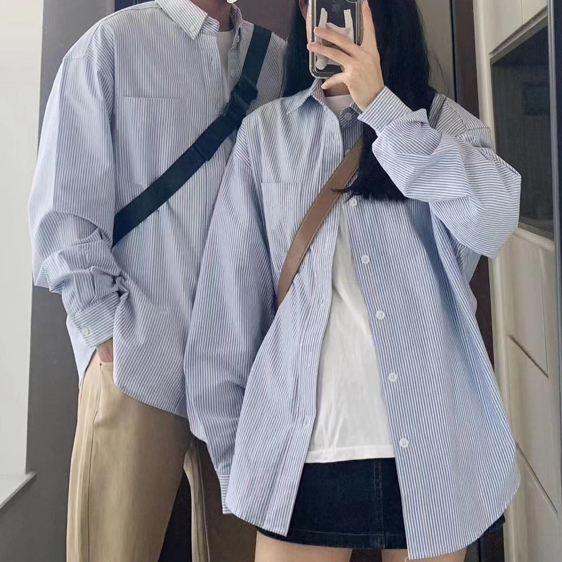 Casual Loose light blue Striped Vintage Shirt Women's 2024 Spring and Summer Thin Trendy Couple's Shirt Cardigan Casual Loose light blue Striped Vintage Shirt Women's 2024 Spring and Summer Thin Trendy Couple's Shirt Cardigan