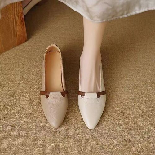 [Soft sheepskin] French retro genuine leather single-layer shoes New 2024 commuter pedals color-matched mid-cut pointed leather shoes