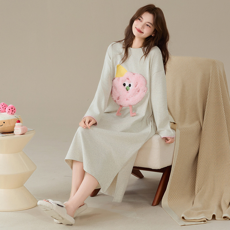 Class a Antibacterial Cool Cotton Long-Sleeved Nightgown for Women Sweet Cartoon Girl New Fashion Pure Cotton Plus Size Dress Autumn