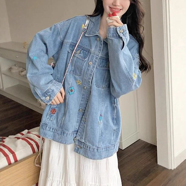 Áo khoác denim nữ thêu họa tiết, dáng suông, tay dài, cổ polo — màu xanh (chất lượng cao)