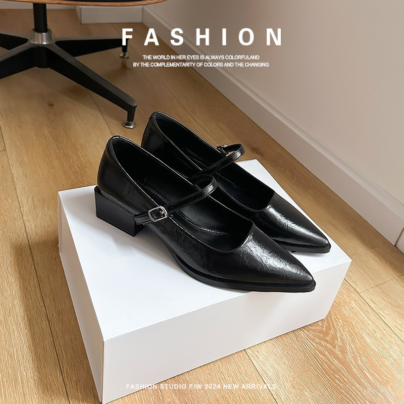 Pointed-Toe High-Heeled Soft Leather Retro Mary Jane Shoes for Women, Versatile Light Cowhide Commuter Shoes with Thick Straps