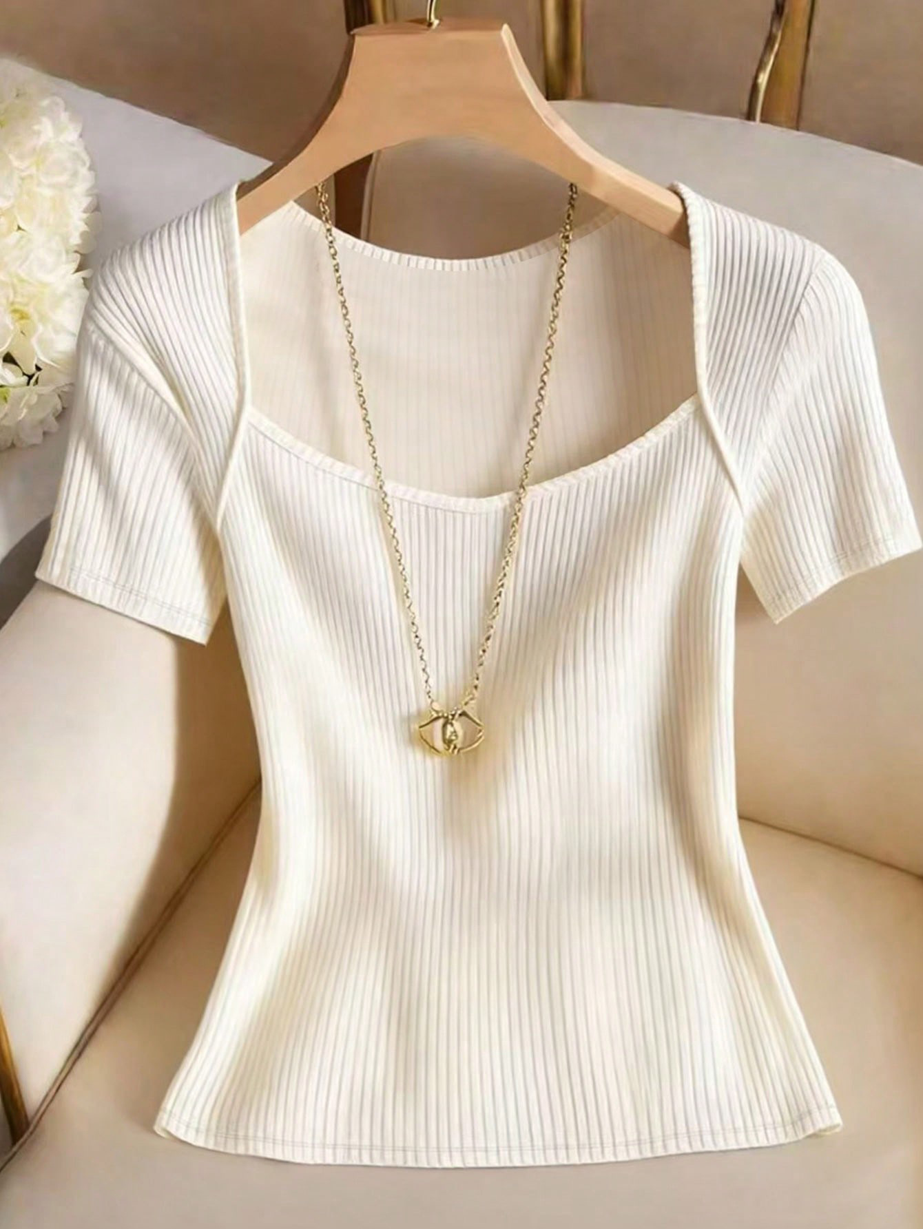 New Summer Women's Slim Fit T-Shirt Elegant European American Style Apricot Square Neck Short Sleeve Patchwork Casual Top_ecoleips.com