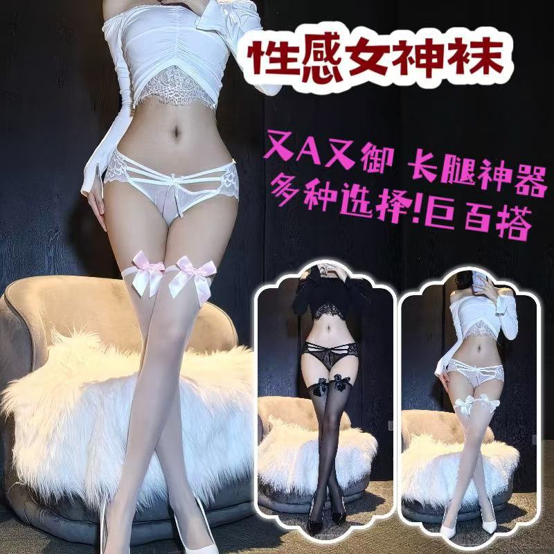 Women’s Black Over-the-Knee Bow Socks, Thin Polyester JK-Style Long Tube Stockings — detail image 7