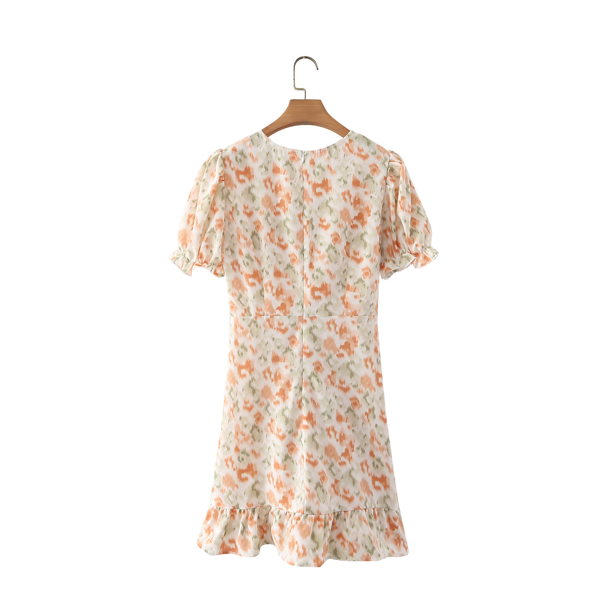 Short-Sleeved V-Neck Lace-Up Printed Dress NSBRF101674