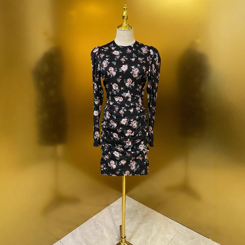 2026 Summer New Fashion Retro Rose 19mm Silk Double-Crepe Pleated Long-Sleeve Dress for Women Socialite Outfit 2026 Summer New Fashion Retro Rose 19mm Silk Double-Crepe Pleated Long-Sleeve Dress for Women Socialite Outfit
