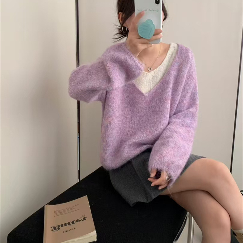 韩系穿搭假两件V领针织衫减龄秋冬新款温柔风软糯慵懒套头毛衣女|undefined