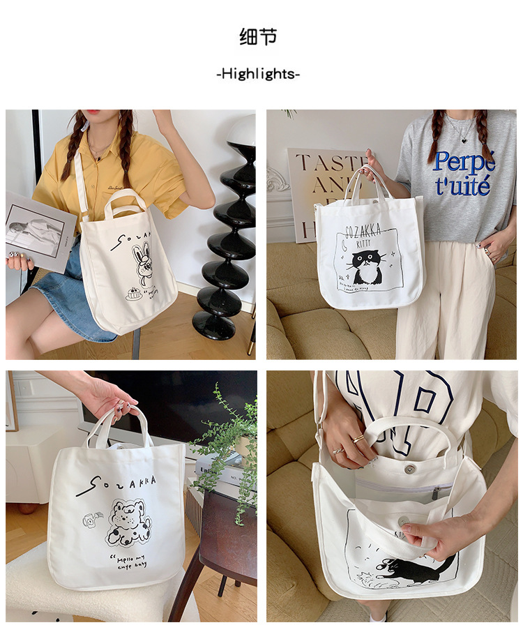37271 Japanese cartoon canvas bag, women's printed crossbody bag, tote bag, large-capacity student class bag, handbag Specification drawing