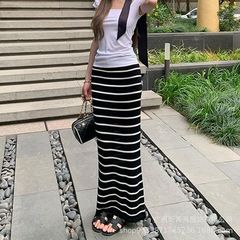 慵懒感条纹撞色休闲长裙女夏季新款气质高腰修身显瘦百搭半身裙女