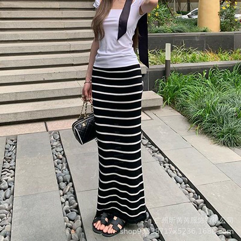 Lazy Striped Contrasting Color Casual Long Skirt for Women Summer New Style High-Waisted Slimming Versatile Skirt for Women