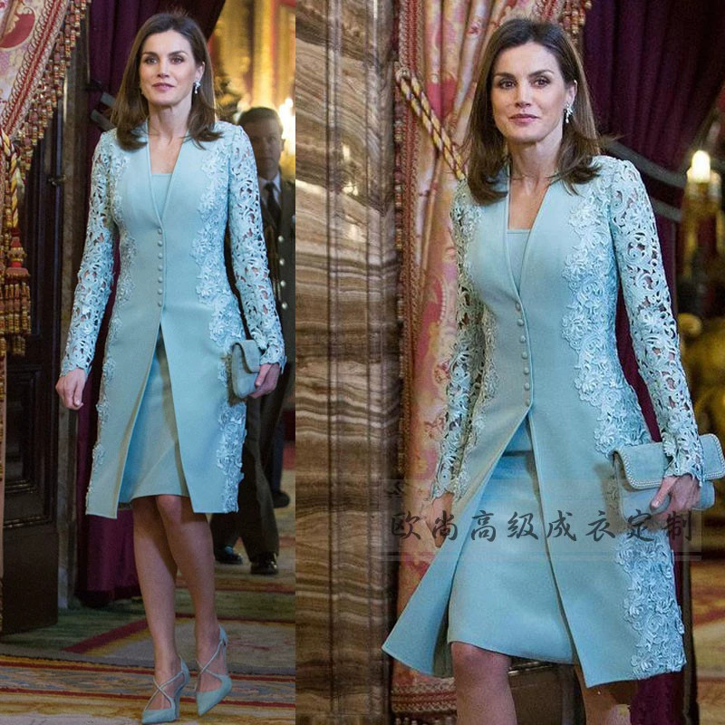 西班牙王妃同款拼接蕾丝天蓝色西装套装裙女两件修身气质礼服批发