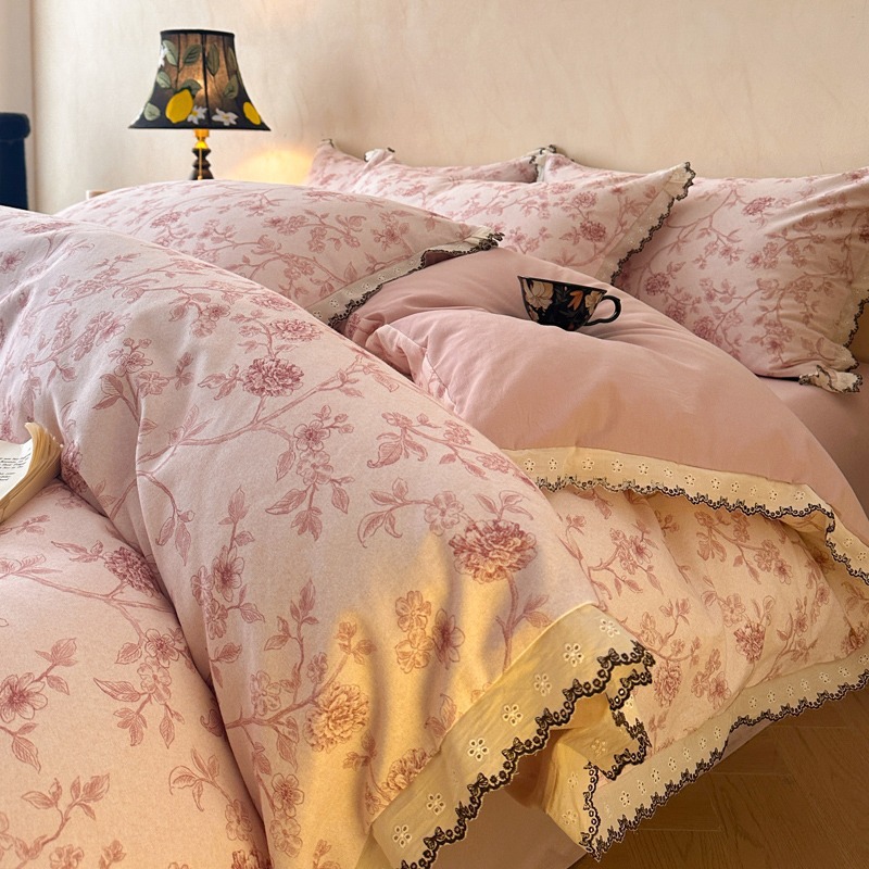 Vintage Boho Style Cotton Duvet Cover Set With Lace Detail_voghion.com