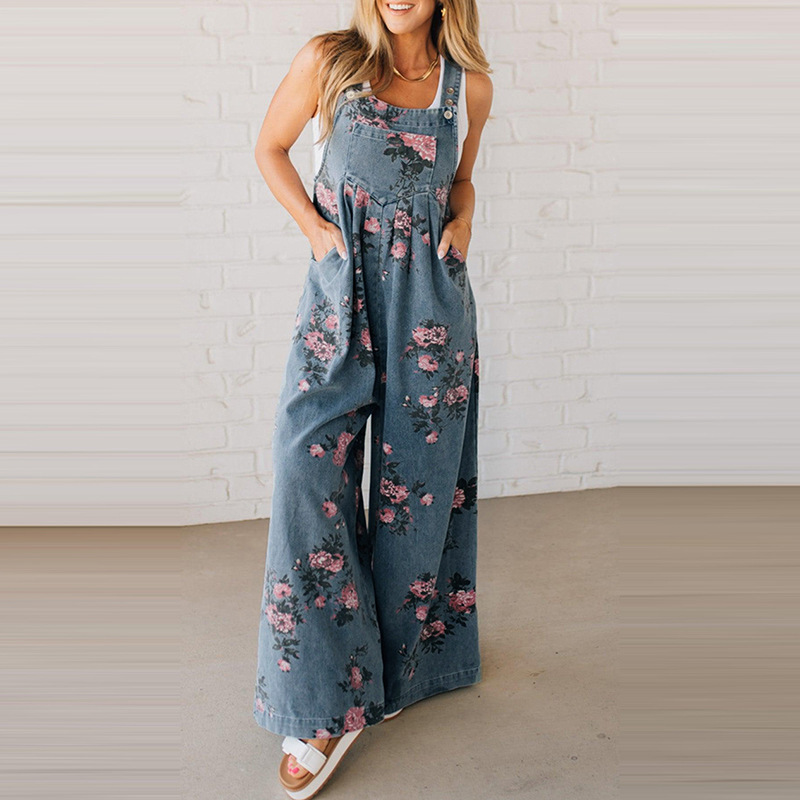 Amazon Cross-Border 2025 Summer European and American Export New Women's Fashion Loose Printed Wide-Leg Suspender Jumpsuit Amazon Cross-Border 2025 Summer European and American Export New Women's Fashion Loose Printed Wide-Leg Suspender Jumpsuit
