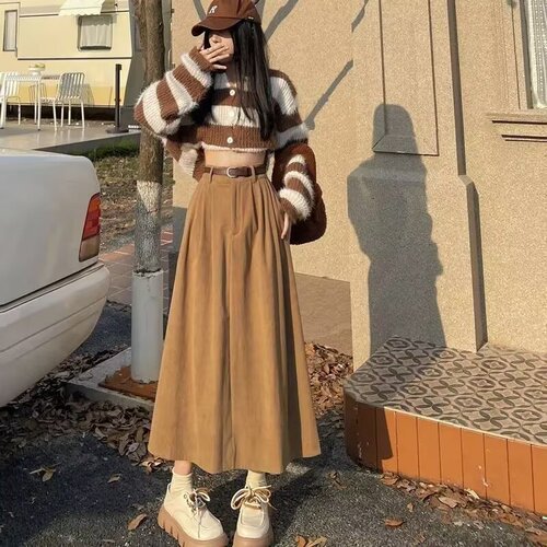 Vintage corduroy skirt for women in autumn and winter, high waist slimming a-line skirt covering hips, loose high-end draping long skirt