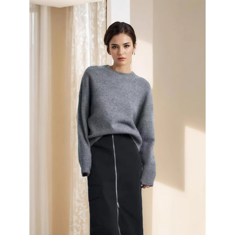 Cross-Border Export Women's Clothing 2025 Autumn and Winter European and American Style Round Neck Long-Sleeved Pullover Pure Color Knitwear for Women D69093F