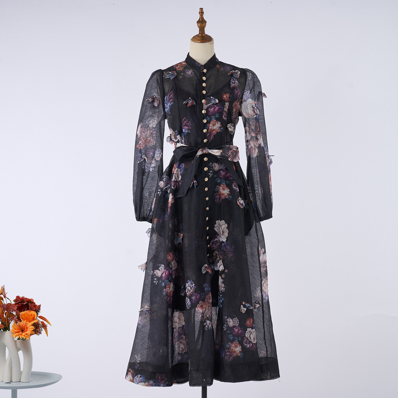 2025 Autumn/Winter Printed Flared Dress with Heavy Floral Embroidery, Single-Breasted Lantern Long-Sleeve Dress, Elegant and Artistic Retro Style
