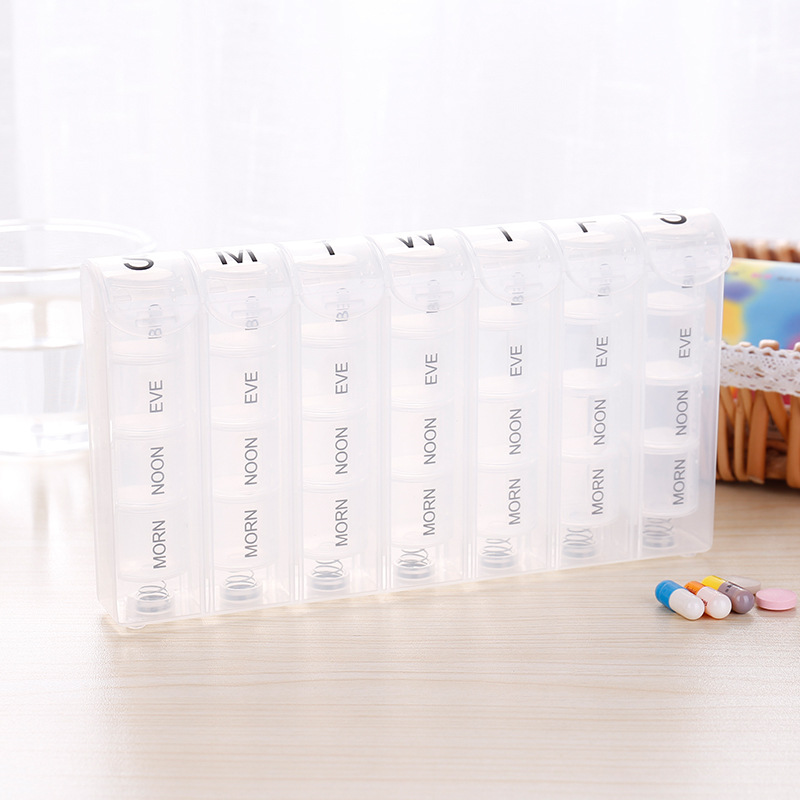 厂家热销七彩透明塑料7天28格弹簧药盒防尘防潮湿多色可