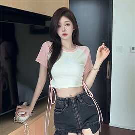 【实拍】纯欲风辣妹绑带短袖T恤夏季修身显瘦性感露脐短款上