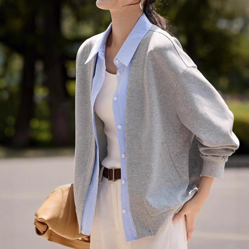 莱赛尔棉假两件拼接针织薄外套女早秋慵懒设计感气质上衣