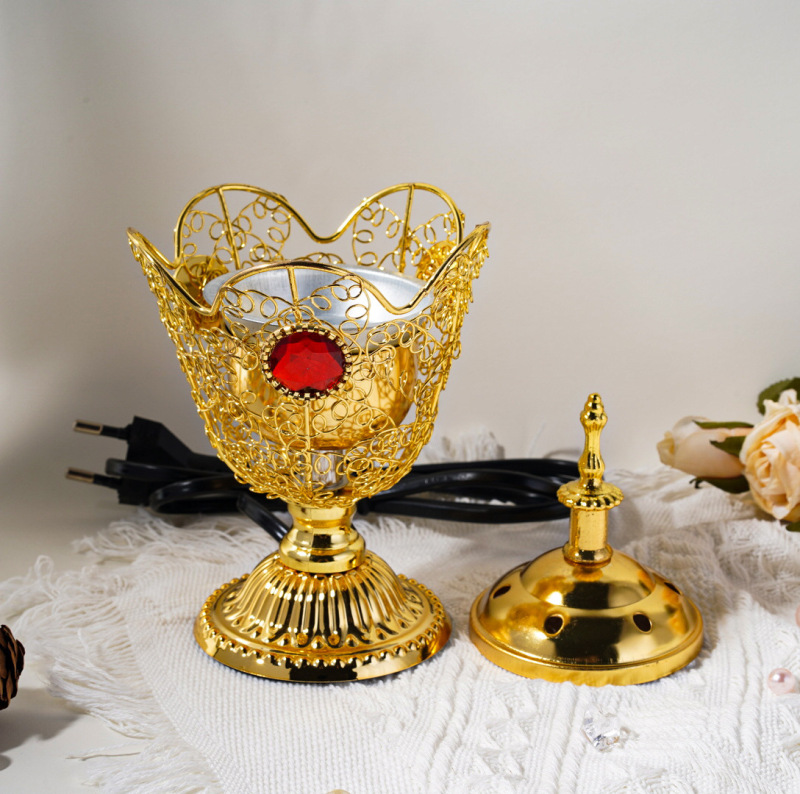 跨境新款金属插电香炉Metal incense burner阿拉伯镂空花瓣香炉|undefined