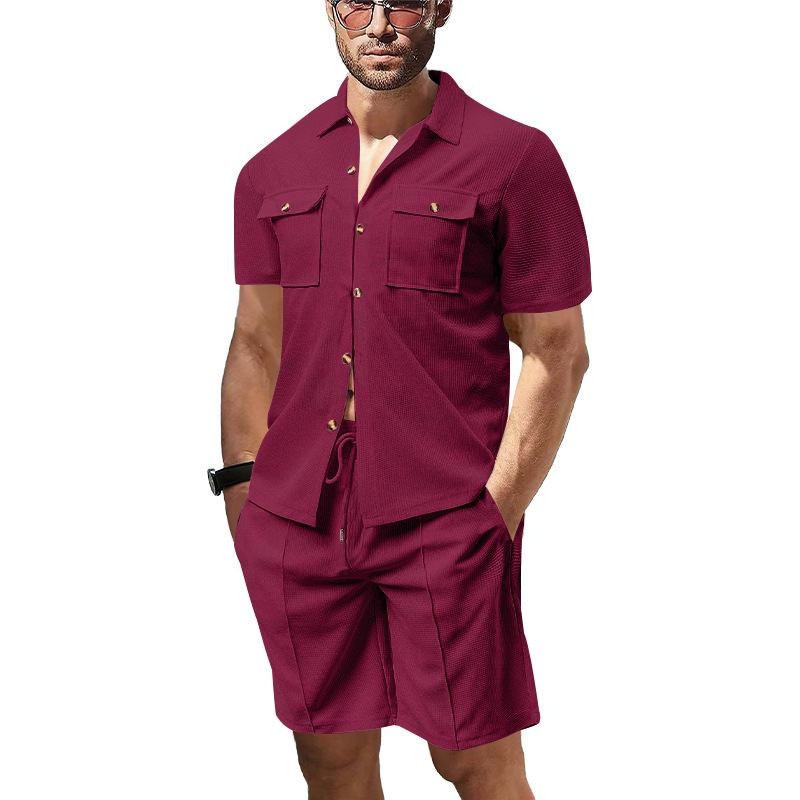 Neues sommerliches, grenzüberschreitendes Herren-Waffelhemd mit Tasche in Unifarben und kurzen Ärmeln, bestehend aus Hemd und Shorts._voghion.com