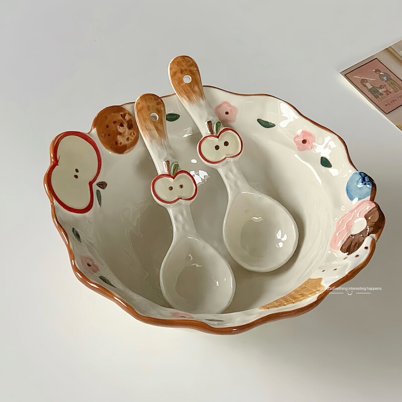 Cartoon Apple Long-Handled Spoon Ins Style High-Looking Cute Dessert Spoon Rice Spoon Handmade High-End Cream Spoon