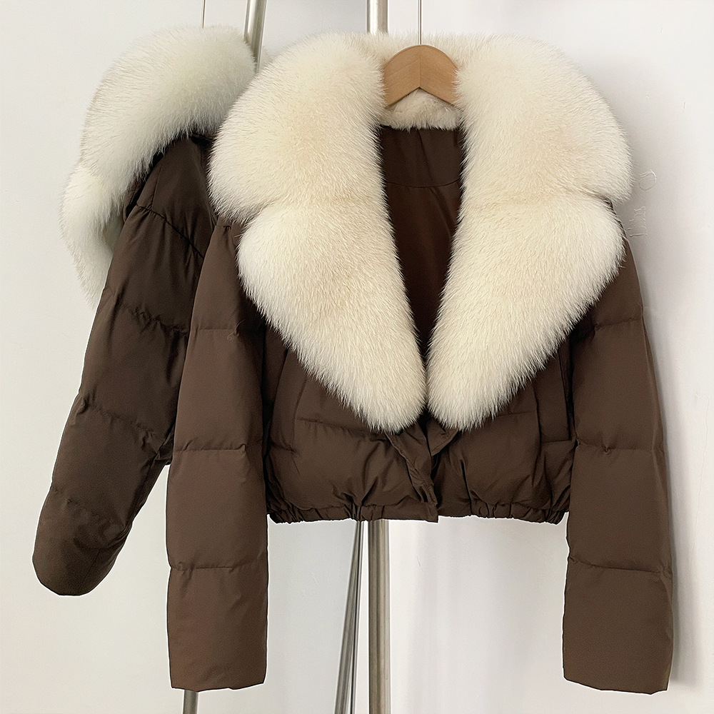 Elegant Short Down Jacket With Fox Fur Trim – Slim-Fit Winter Coat For Women, Detachable Hood & High-End Styling (Black/Brown Options, S/M Sizes)_voghion.com