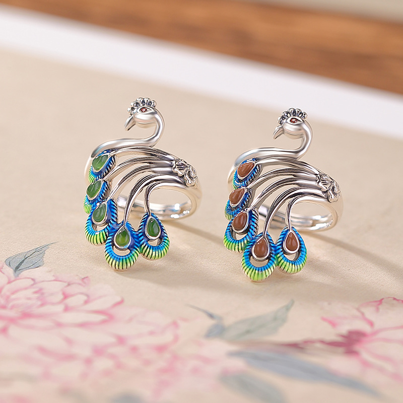 Yilu Silver Natural Hetian Jade Ring S925 Sterling Silver Jasper Southern Red Agate Peacock Men Guofeng Factory Bán buôn — Mẫu đỏ nam