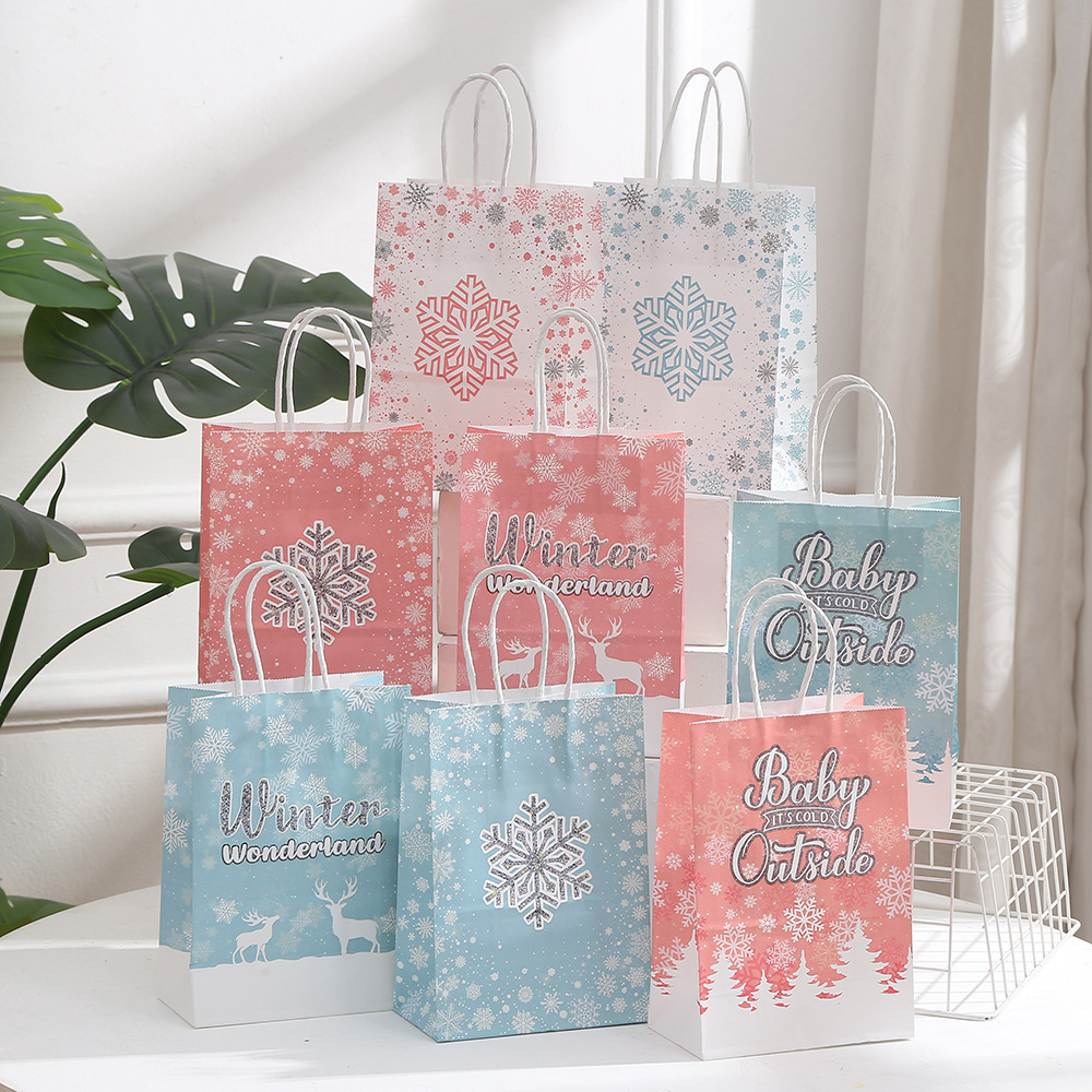 跨境圣诞礼品袋 平安夜礼品包装手提袋粉蓝双色袋子 圣诞礼物手提