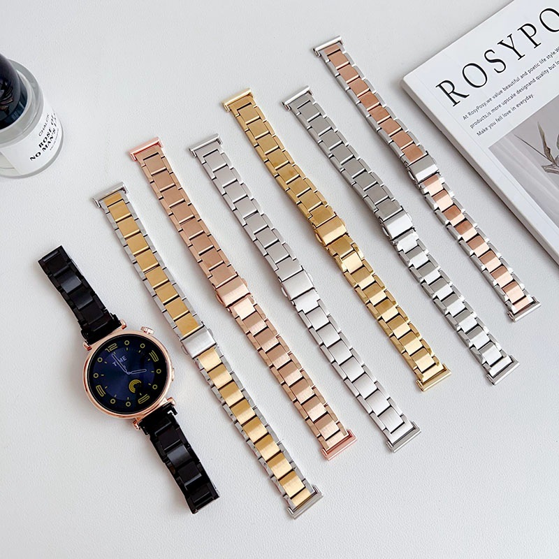 Suitable for Huawei Gt6 Stainless Steel Watch Strap Three-Bead Metal Foldableing Buckle Medium Sand Gt5 Huawei Watch Women's Watch Strap