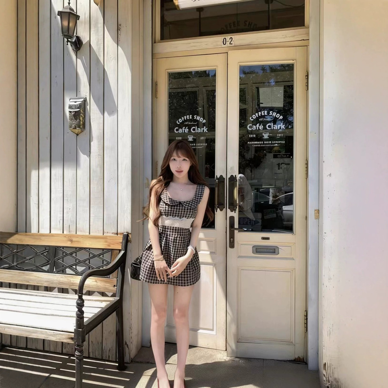 Retro Doll Collar Sleeveless Vest Dress for Women, Summer Cross-Border Live Broadcast Hot Item, Lace Plaid Skirt, Short Skirt for Women Retro Doll Collar Sleeveless Vest Dress for Women, Summer Cross-Border Live Broadcast Hot Item, Lace Plaid Skirt, Short Skirt for Women