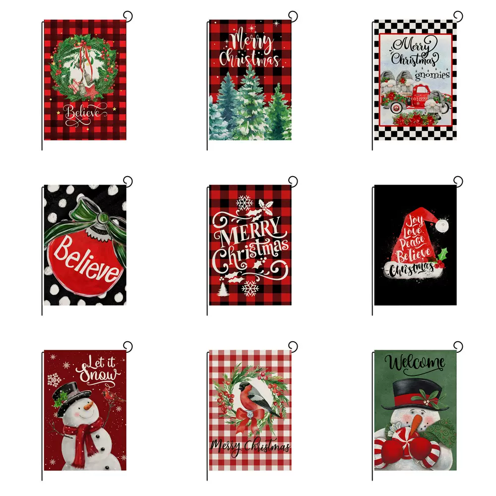 亚马逊跨境圣诞节涤纶花园旗字母格子圣诞树印花户外庭院装饰旗帜