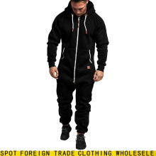 跨境新款外贸热卖男士带帽长袖连帽抓绒连体衣纯色拼色休闲套装男