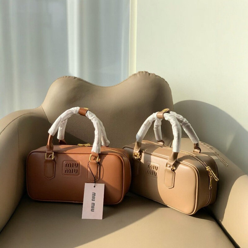 Miuu Genuine Leather Boston Bag Handbag Bowling Bag Single Shoulder Crossbody Bag Women's Bag Clutch Bag Ladies' High-End Feel