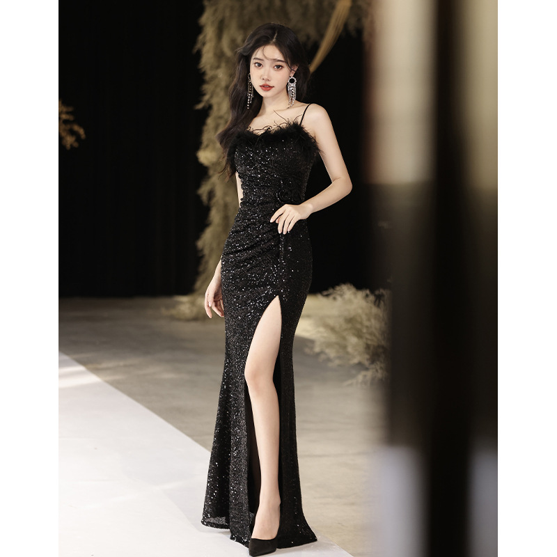 Vestido de noche negro de otoño de 2025 nueva industria pesada celebridad reunión anual esbelta cola de pescado vestido de moda sexy
