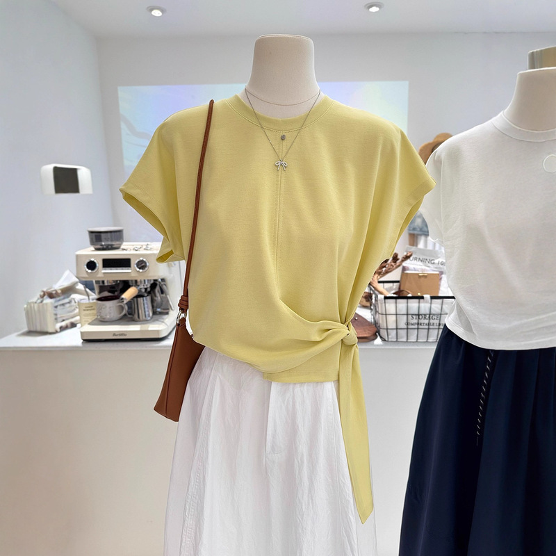 Korean Style Lazy Style Lace-Up Waist Round Neck Short-Sleeved T-Shirt for Women Summer New Loose Slimming Look Right Shoulder Sexy Top Korean Style Lazy Style Lace-Up Waist Round Neck Short-Sleeved T-Shirt for Women Summer New Loose Slimming Look Right Shoulder Sexy Top