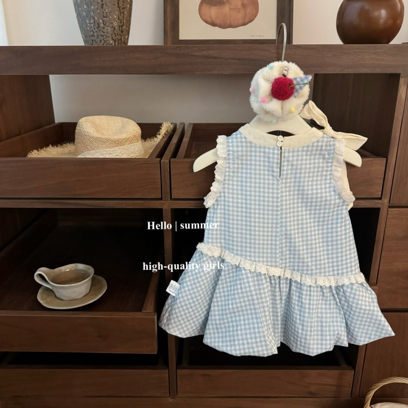 Vestido de siete niñas de limón salado verano versión coreana de dulce lazo azul a cuadros bebé lindo chaleco de capullo de flor falda de moda
