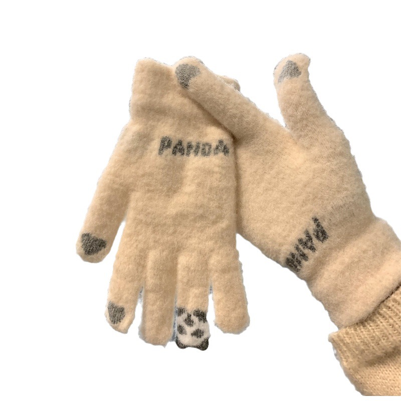 Gloves Autumn and Winter Female Cute Cycling Warmth and Thickened Cold Protection Student Knitted Wool Touchable Screen Cotton Gloves with Five Fingers