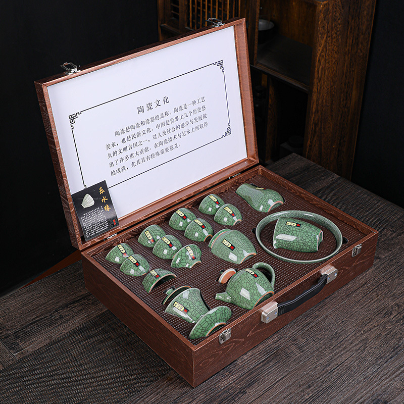 A set of antique Geyao porcelain tea ware with celadon cracking and gold and iron lines, featuring a side handle teapot, complete set