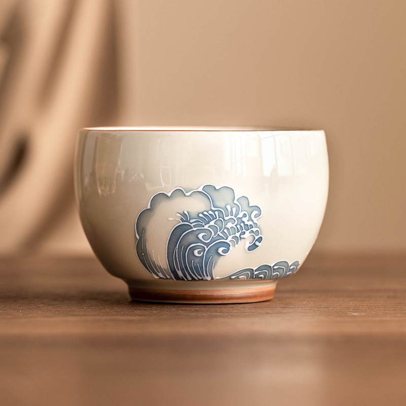 工厂堆雕海浪罗汉杯陶瓷茶杯大号茶具主人杯手绘茶盏喝茶杯品茗杯