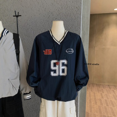 WGWE6878#2025秋季新款美式刺绣V领套头棒球服宽松休闲外套上衣女