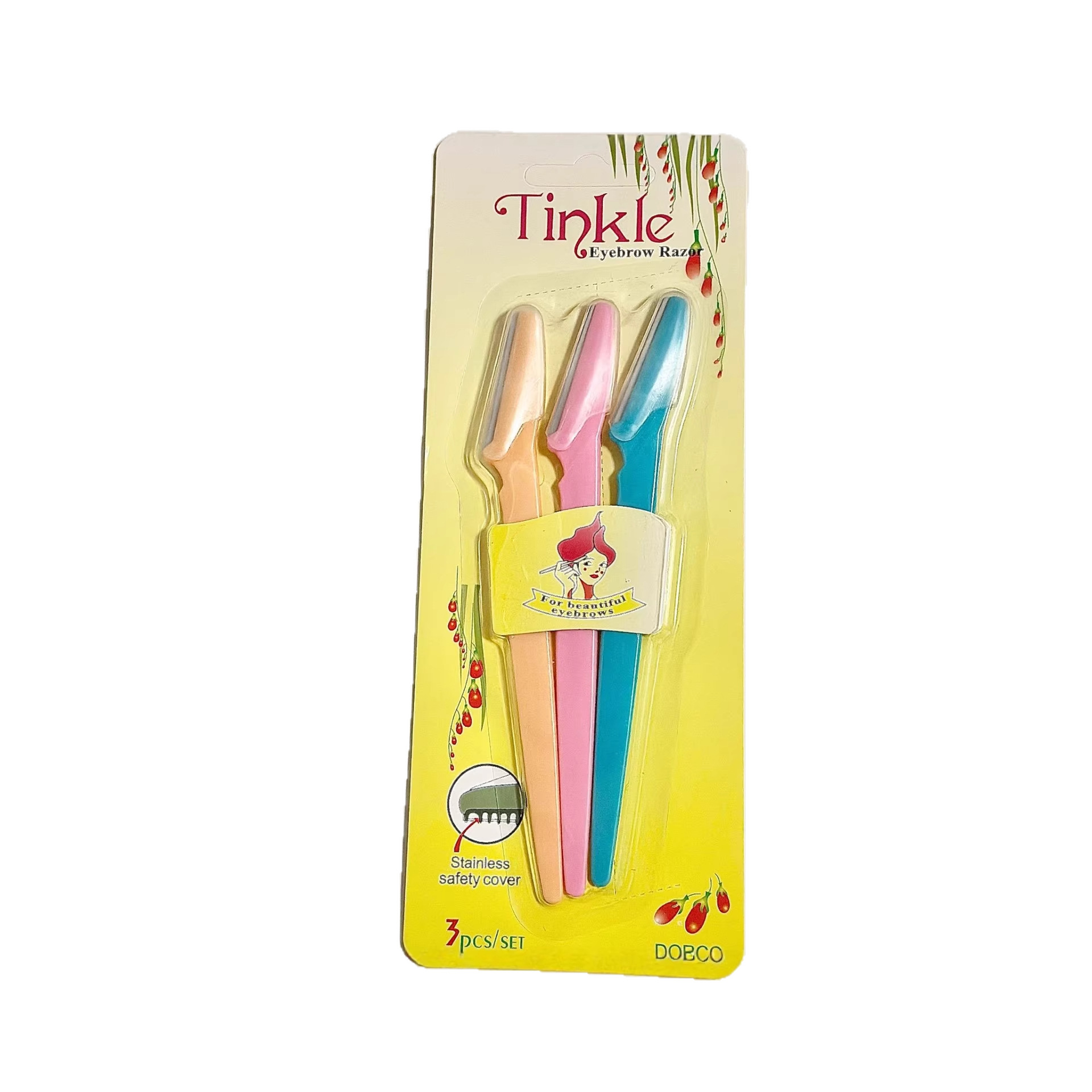 Tinkle set de cuchillo de cejas de tres colores cubierta de seguridad de acero inoxidable cuchillo de cejas portátil artefacto de cejas explosivo transfronterizo