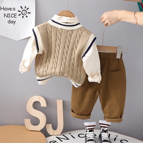  Autumn New Forest Style Boys' College Wind Suit for Young Children, British Style Autumn Clothing for Baby Boys, Long Sleeve Three-Piece Set