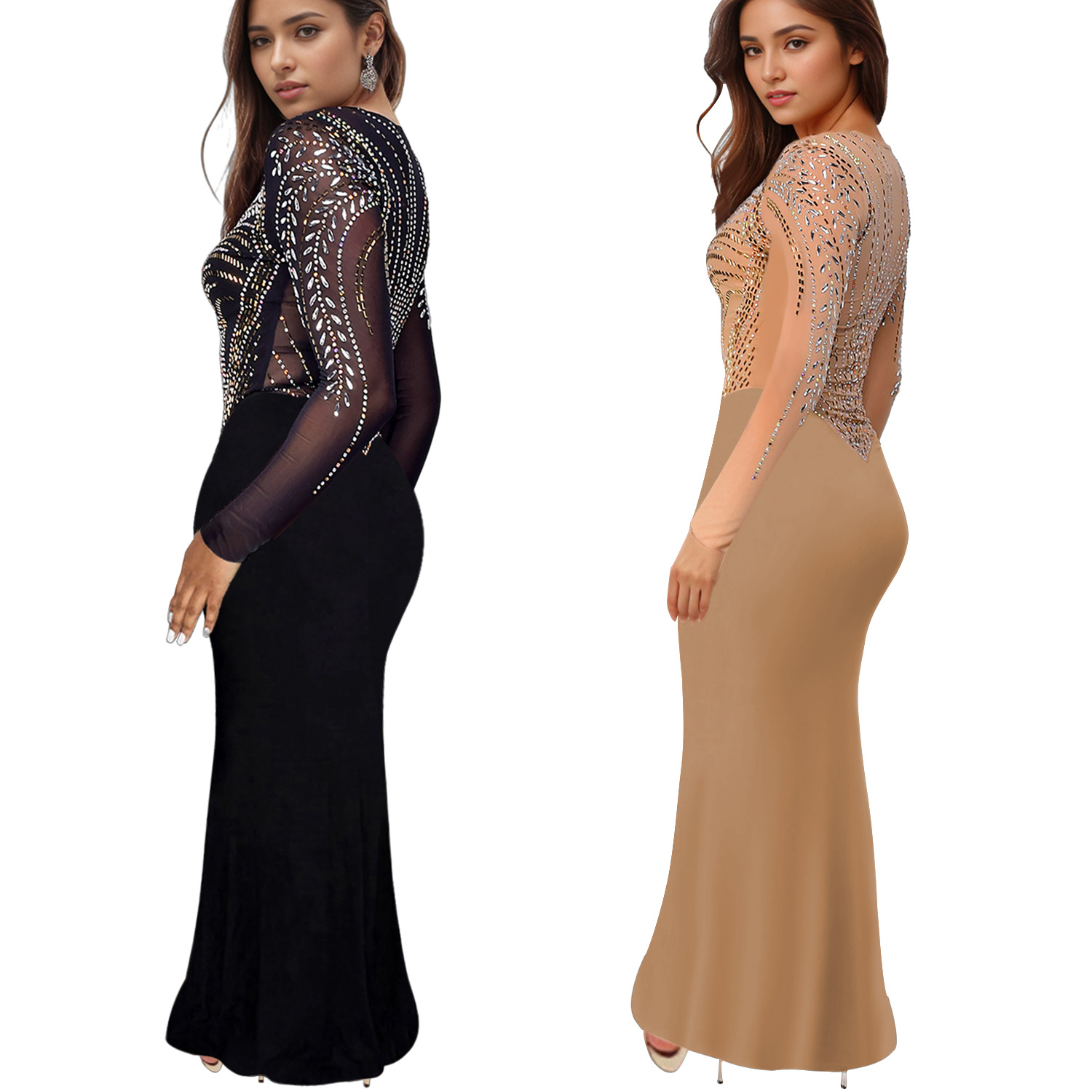 C7042 AliExpress transfronterizo Amazon estación independiente de moda europea y americana ropa de mujer de diamante caliente vestido de manga larga de color sólido nuevo