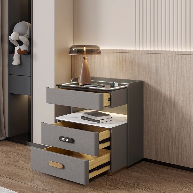 Mesita de noche de estilo nuevo transfronterizo con superficie de pizarra, lujo ligero, multifuncional, con enchufe, muebles para el hogar totalmente equipados, inalámbrico