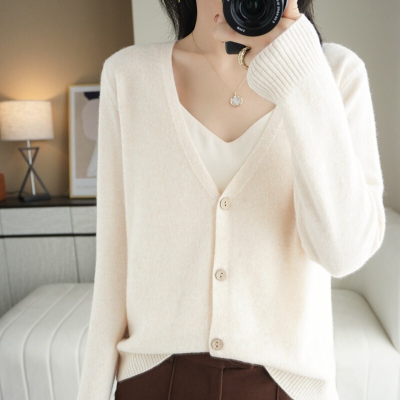 Early Autumn New V-neck sweater women's 100 pure wool knitted cardigan women's thin Korean style outer wear loose cashmere coat