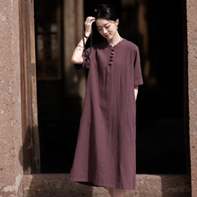 24棉麻女装夏季中式国风立领短袖砂洗改良旗袍长裙女式袍子连衣裙