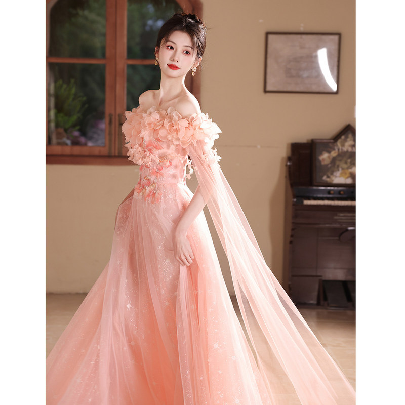 Pink One-Shoulder Evening Gown Birthday Graduation Princess Dress Coming-Of-Age Ceremony Light Luxury Niche High-End Host Dress